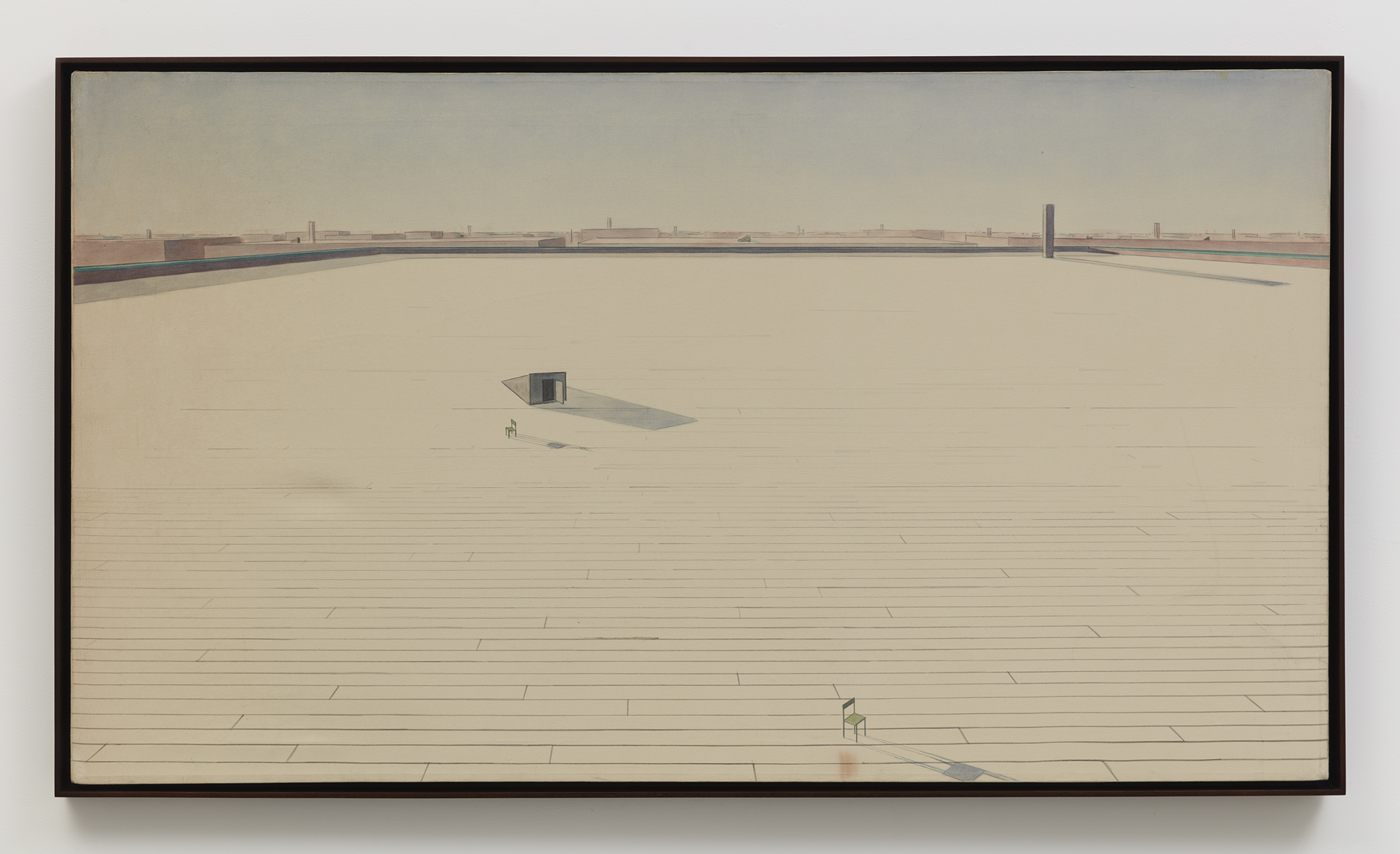 Gerhardt Liebmann, <i>Roof with two chairs</i>, 1977. Acrylic on canvas, 36 x 64 in (91.4 x 162.6 cm) 